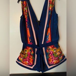 BCBG Max Azria Medium (Sz 10) Romper 
Blue with Colorful Floral Print RARE FIND
